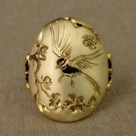 Ethnic Style Oval Birds Flower Tree Carved Vintage Rings for Women, MARR9159 - Picture 1 of 6